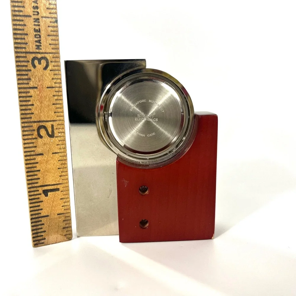 Vtg Genex Red Wood & Chrome Desk Clock Singapore Movement Silcon Electronics EUC